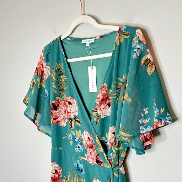 Baltic Born Ivy Wrap Maxi Dress Persian Green Floral Flutter Sleeve Small NWT - Picture 9 of 12